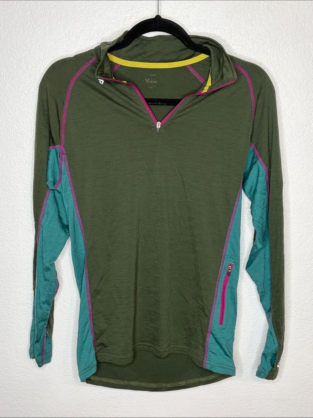 Stoic Green & Blue 1/4 Zip Baselayer Merino Wool Top Size Large Outdoor Hiking